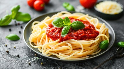 Tasty appetizing classic italian spaghetti pasta with tomato sauce, cheese parmesan and basil