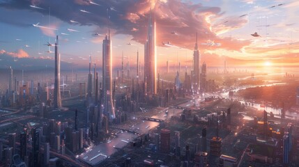 Futuristic cityscape featuring striking geometric shapes holographic projections and seamless integration of nature and technology. - obrazy, fototapety, plakaty