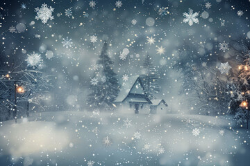 雪の森と一軒家、聖夜　Snowy forest, house, and holy night - obrazy, fototapety, plakaty