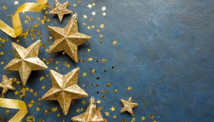 Fototapeta na wymiar christmas and new year festive background golden stars and gilded ribbons on dark blue background with copy space for text the concept of christmas and new year holidays