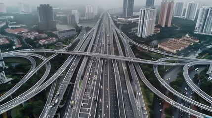 Fototapeta na wymiar Aerial view of highway and overpass in city on a cloudy day