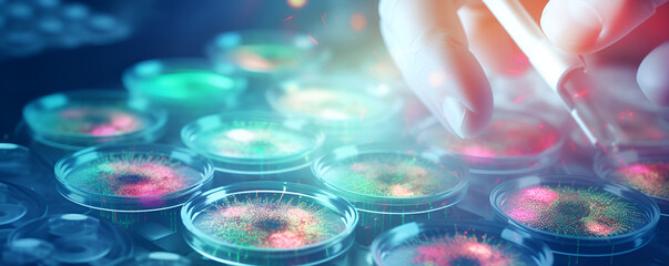 A closeup shot of a geneticist injecting a solution into a petri dish containing cells on medical research lab environment.