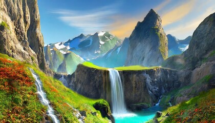 fantasy landscape with a waterfall in the mountains 3d rendering