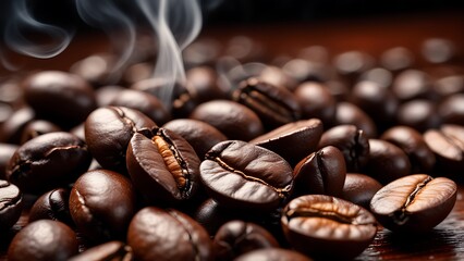 coffee beans are on a table with smoke coming out of them - Powered by Adobe