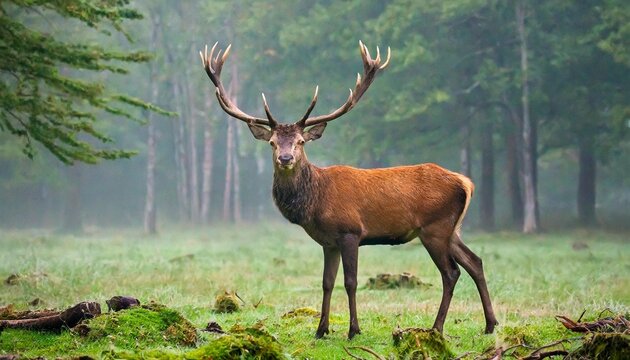 red deer in forest on foggy morning