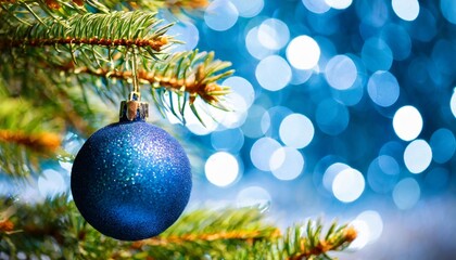 christmas tree with ornaments in blue baubles hanging on fir branches with glittering and bokeh lights in abstract defocused background