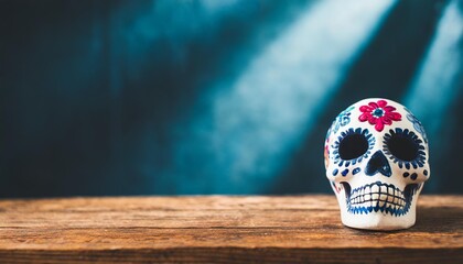 ooden table with sugar skull blurred background day of the dead in mexico altar of the dead background for advertisement or temporary promotion - obrazy, fototapety, plakaty