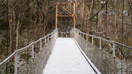 雪をかぶったつり橋