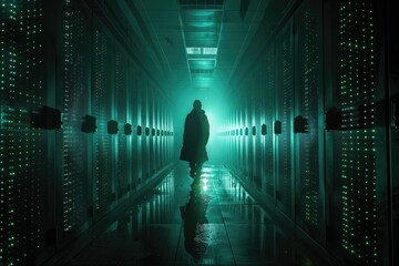Backlit silhouette of a person standing in a server room, with a moody lighting that conveys a sense of urgency and potential cyber threat.

