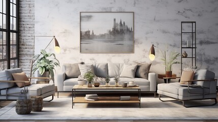 Interior composition of modern luxurious living room with sophisticated setting  - obrazy, fototapety, plakaty