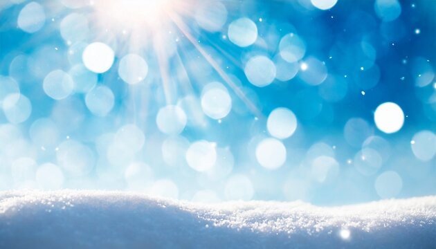 winter snow background with snowdrifts with beautiful light and snow flakes on the blue sky beautiful bokeh circles banner format copy space