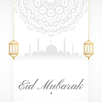 elegant eid mubarak greeting card with mosque and lantern design