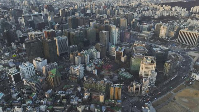 Drone View of Seoul city in South Korea, Jongno, Gyeongbokgung Palace, Winter