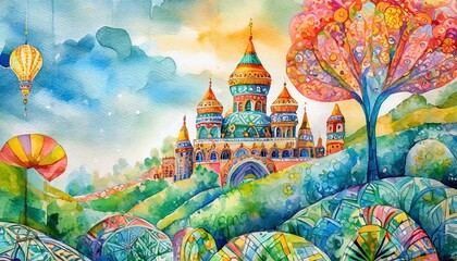 watercolor background with a whimsical and fairytale like theme perfect for children s book illustrations or magical storytelling - obrazy, fototapety, plakaty