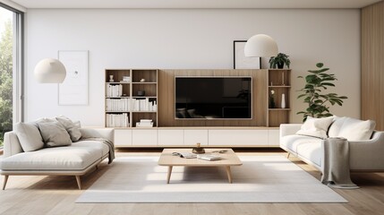 Fototapeta na wymiar Interior composition of modern sophisticated living room inspired by scandinavian elegance 