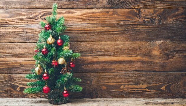 rustic decorated christmas tree near wooden wall web banner vintage natural decor christmas tree on wooden background with copy space