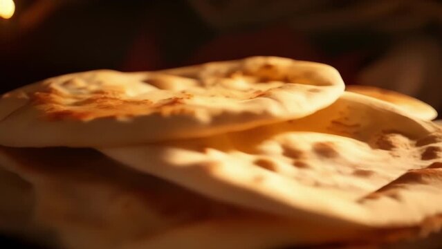 An appetizing closeup shot revealing the light and fluffy texture of freshly baked Lebanese pita bread. The image showcases the breads goldenbrown surface with delicate air pockets, inviting