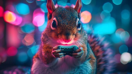 A whimsical squirrel holds a game controller, intensely playing a video game against a bokeh light background. - obrazy, fototapety, plakaty