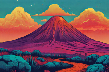 Risograph-style digital illustration. Landscape with volcano and mountain. Unique and artistic depiction.