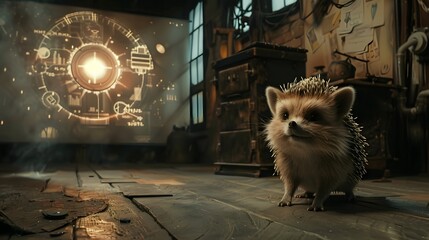 A curious hedgehog stands in a workshop, gazing at a holographic projection, surrounded by the ambiance of innovation and technology.