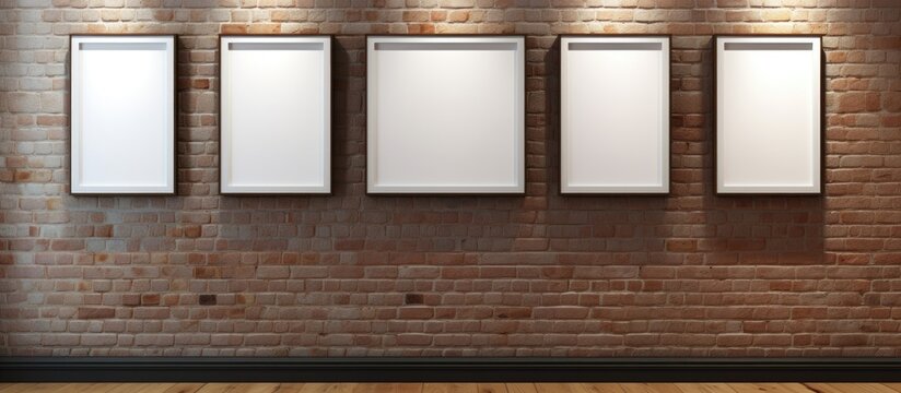 Three picture frames hang on a brick wall in a room, waiting to be filled with photos or art pieces