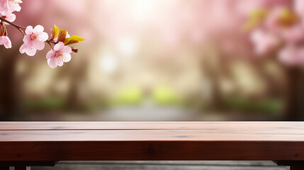 Empty wooden table in sakura flower park with garden blurred background.