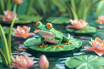 A geometric-styled frog rests on a lily pad in a tranquil pond dotted with blooming water lilies, exuding calm and creativity. - obrazy, fototapety, plakaty