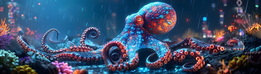 A majestic octopus sprawls out in a neon-lit underwater cityscape, its tentacles gracefully embracing the rain-soaked ambience. - obrazy, fototapety, plakaty