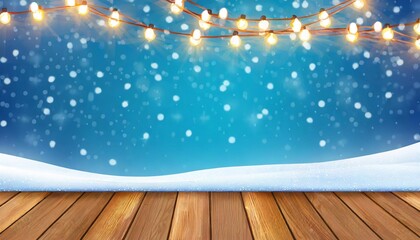 winter snowy stage background with wooden flooring and christmas lights on blue background banner format copy space