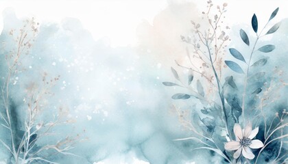 Fototapeta na wymiar floral winter watercolor background with pale plants and flower and space for text
