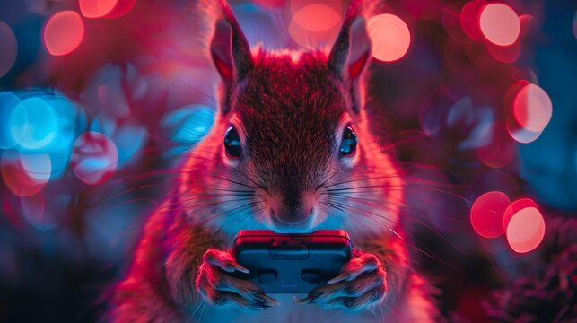 Against a bokeh light background, a whimsical squirrel is depicted intensely playing a video game while holding a game controller, immersed in the digital realm.
