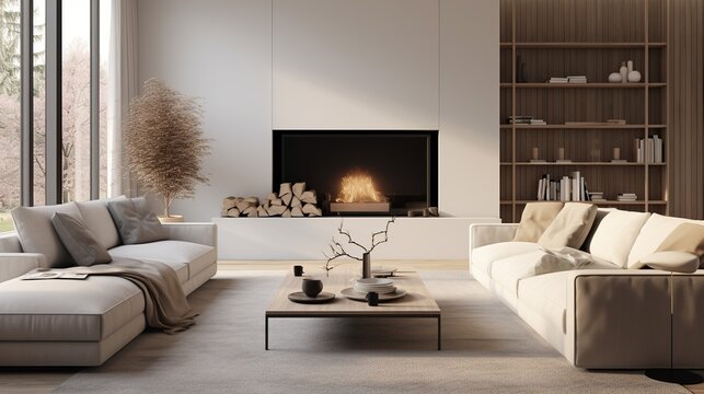 Interior composition of modern sophisticated living room inspired by scandinavian elegance 