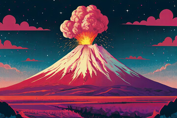 Risograph-style digital illustration. Landscape with volcano and mountain. Unique and artistic...
