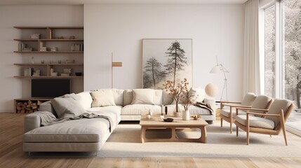 Interior composition of modern sophisticated living room inspired by scandinavian elegance 