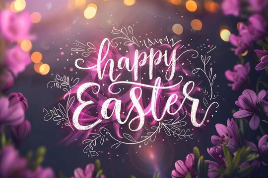 Happy Easter greeting card. Festive design with typography, flowers and painted eggs. Spring holiday template. Modern style for banner, invitation, poster, flyer 