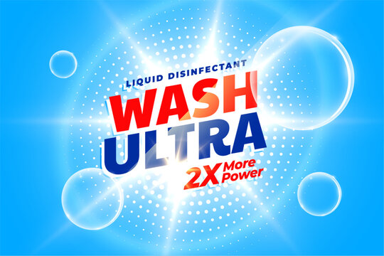 ultra clean detergent powder label with bubbles and light effect
