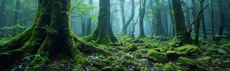 樹海、苔のある深い森