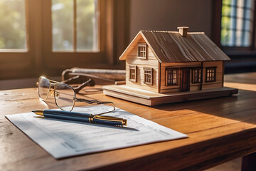 Property business and financial concept. A house model on the office table with pen, eyeglasses, and papers.