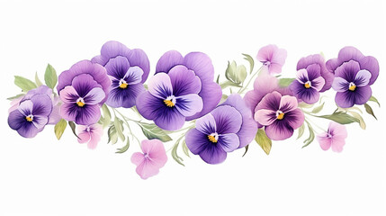 Vintage pansy flowers and leaves spring violet floral.