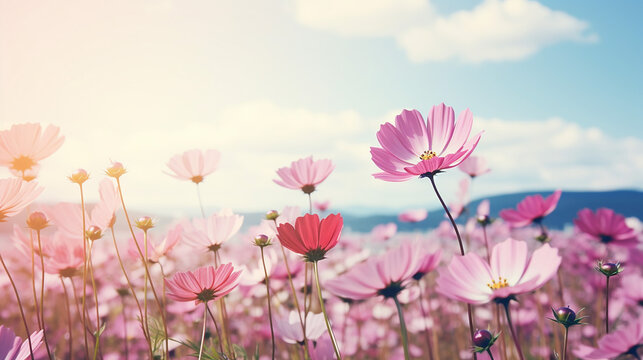 Amazing soft sunlight over a beautiful landscape covered of cosmos flowers.
