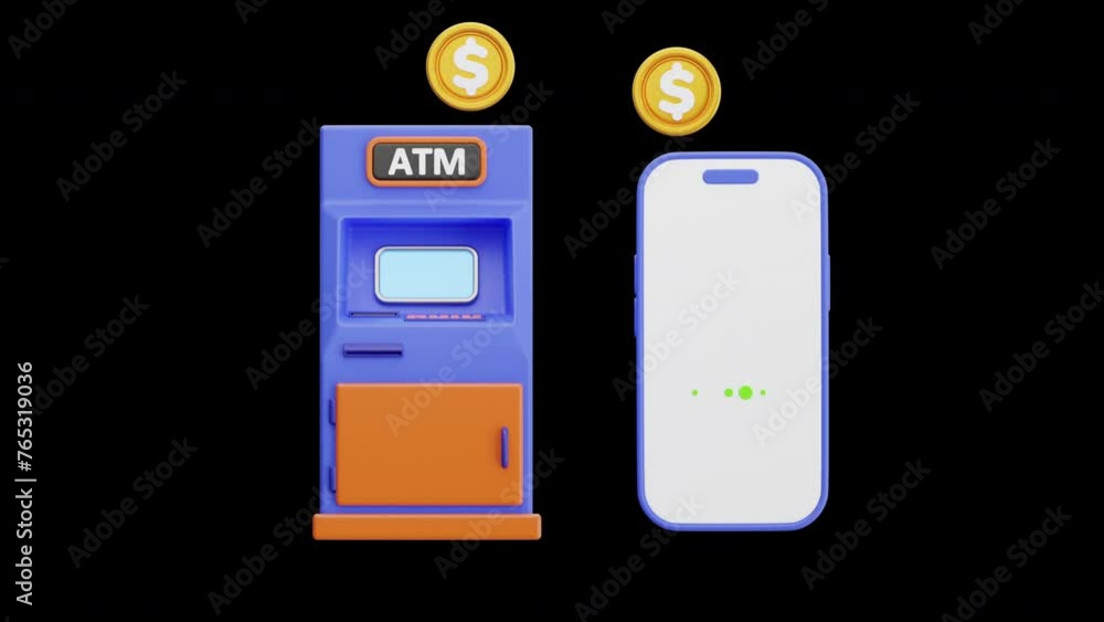 Aufkleber 3d animation of easy transaction from atm to mobile banking | alpha channel