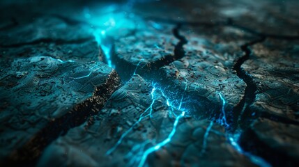 The cracked, polluted surface in a blue sci-fi world represents economic hardship, while the glowing technological tendrils supporting plant life symbolize innovative solutions to economic problems. - obrazy, fototapety, plakaty