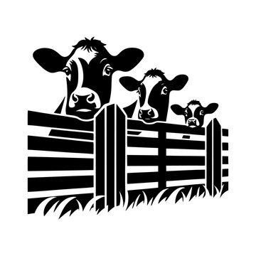 recommend clip art: Silhouette of cows peeking over a fence, ideal for farm-themed designs, agricultural illustrations, and rural graphics.