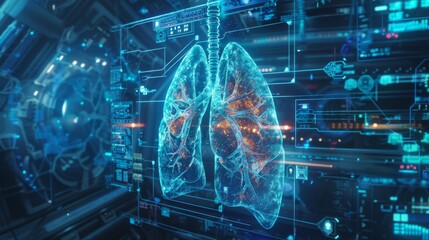 3D rendering of a polluted lung in a sci-fi environment, showcasing PM 2.5 damage and futuristic filtration tech, with holographic data displays.
