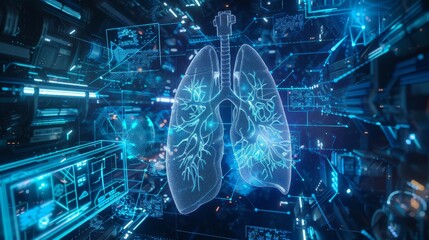 Holographic interface displays detailed lung damage from PM 2.5, emphasizing the need for advanced filtration solutions, visualized in a blue sci-fi setting.