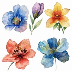 set of flowers hand drawn with watercolors