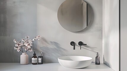 Chic serenity in blush and black: a minimalist bathroom with a designer vase and sleek fixtures.