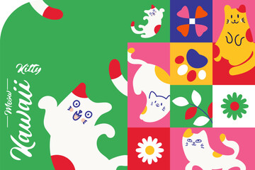 Kawaii Cats vector illustration  Smiling Kitty, cute and round-faced cat