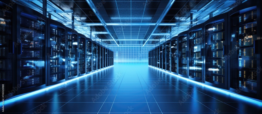 Poster a depiction of a lengthy corridor filled with multiple shelves of server racks in a facility primari