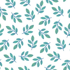 Green falling leafy branches seamless pattern on white background. Hand drawn textured botanical allover illustration. Repeat leaves flat backdrop